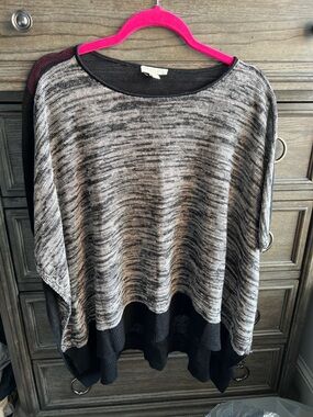 Eileen Fisher Black and Gray Marled Knit Poncho with Contrast Hem